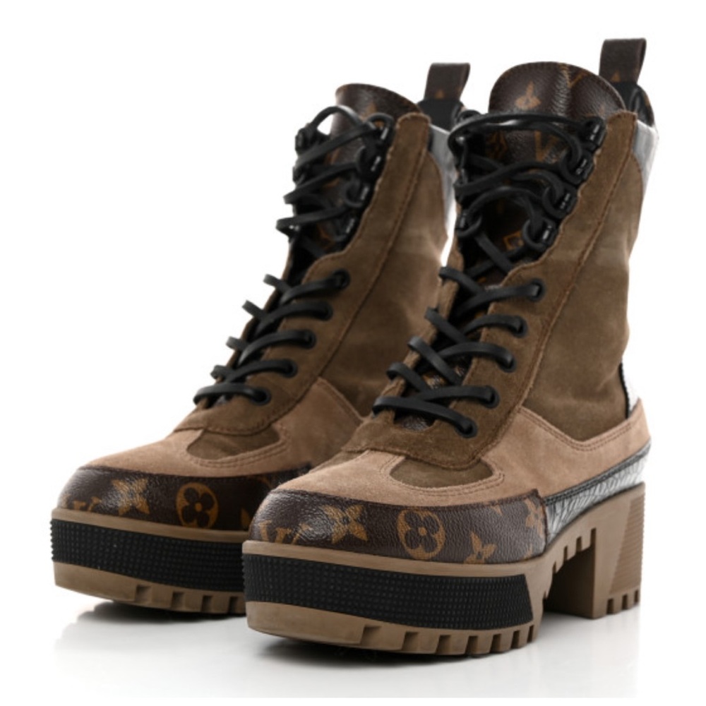 LOUIS VUITTON Suede Calfskin Crocodile Embossed Monogram Laureate Platform Boot